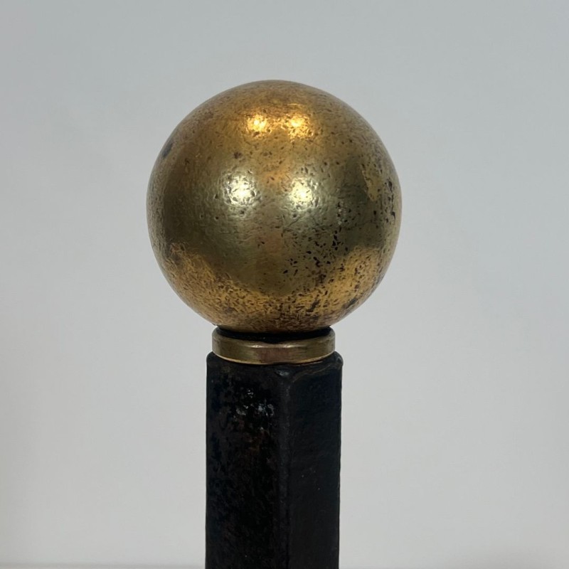Pair of Modernist Steel and Brass Ball Finial Andirons by Jacques Adnet, French circa 1940