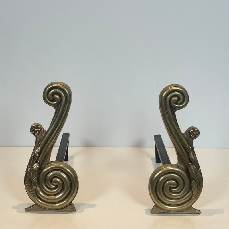 Pair of Louis XVI Style Bronze Andirons with Volute Uprights, Signed Armor Din, French circa 1940
