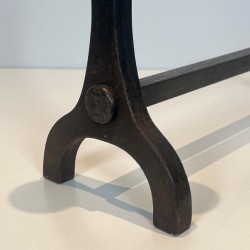 Pair of Modernist Steel and Brass Ball Finial Andirons by Jacques Adnet, French circa 1940