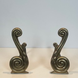 Pair of Louis XVI Style Bronze Andirons with Volute Uprights, Signed Armor Din, French circa 1940