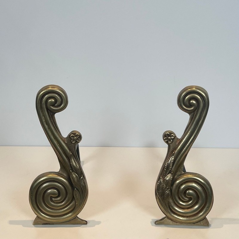 Pair of Louis XVI Style Bronze Andirons with Volute Uprights, Signed Armor Din, French circa 1940