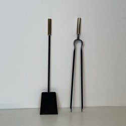 Black Lacquered Steel and Brass Modernist Fireplace Companion Set, French circa 1970