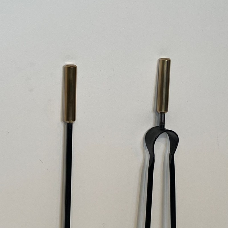 Black Lacquered Steel and Brass Modernist Fireplace Companion Set, French circa 1970