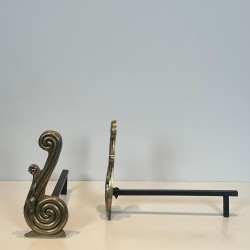 Pair of Louis XVI Style Bronze Andirons with Volute Uprights, Signed Armor Din, French circa 1940