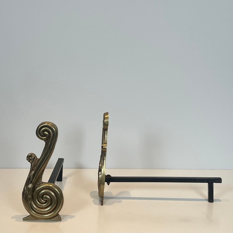 Pair of Louis XVI Style Bronze Andirons with Volute Uprights, Signed Armor Din, French circa 1940