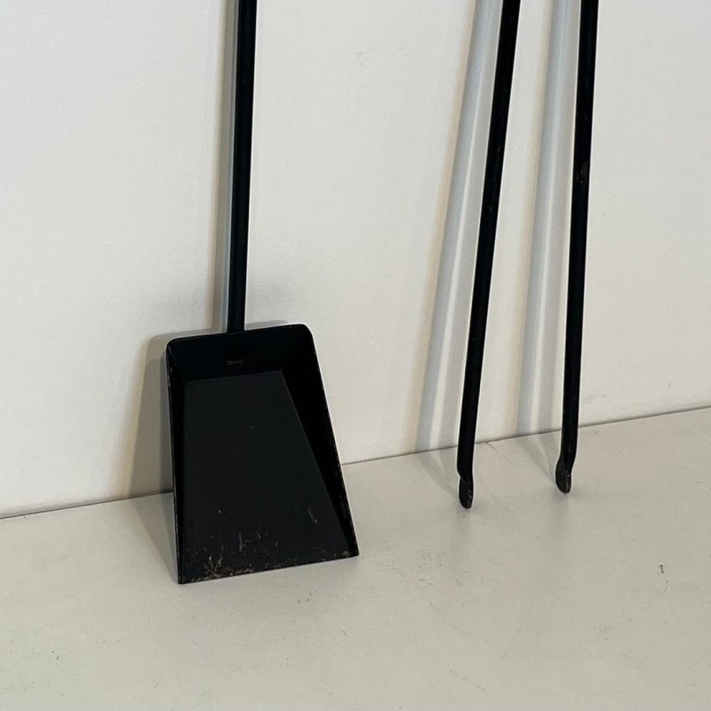 Nécessaire de Cheminée Moderniste en Acier Laqué Noir et Laiton, vers 1970