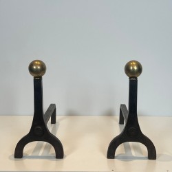 Paire de Chenets Modernistes en Acier et Laiton à Boule par Jacques Adnet, vers 1940