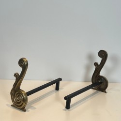 Pair of Louis XVI Style Bronze Andirons with Volute Uprights, Signed Armor Din, French circa 1940