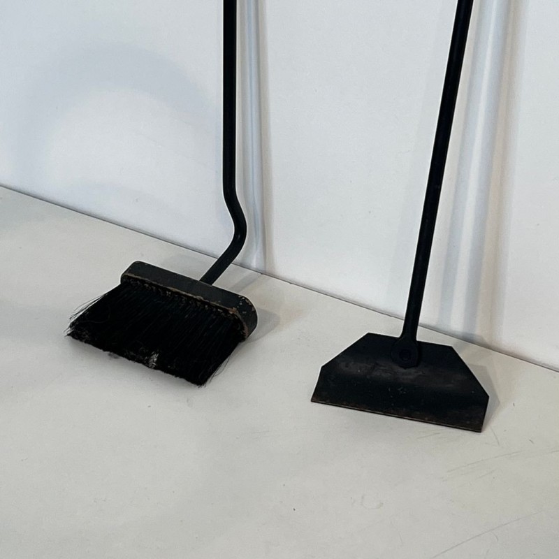 Nécessaire de Cheminée Moderniste en Acier Laqué Noir et Laiton, vers 1970