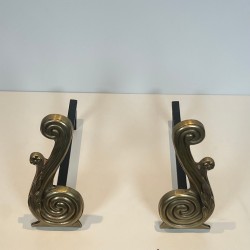 Paire de Chenets de Style Louis XVI en Bronze à Volutes, Signés Armor Din, vers 1940