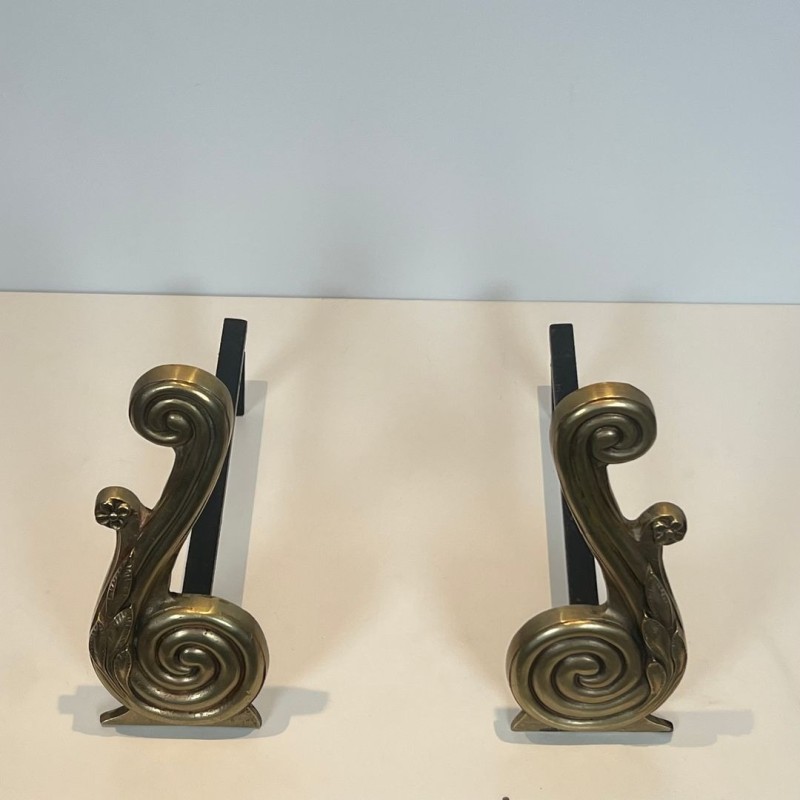 Paire de Chenets de Style Louis XVI en Bronze à Volutes, Signés Armor Din, vers 1940