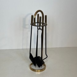 Black Lacquered Steel and Brass Modernist Fireplace Companion Set, French circa 1970