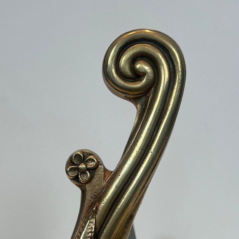 Paire de Chenets de Style Louis XVI en Bronze à Volutes, Signés Armor Din, vers 1940