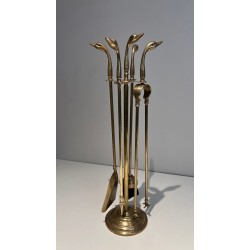 Brass Duck Head Fireplace Companion Set in the Style of Maison Jansen, French circa 1970