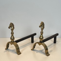 Pair of Brass Horse Head Andirons with Connecting Log Bar, French circa 1970