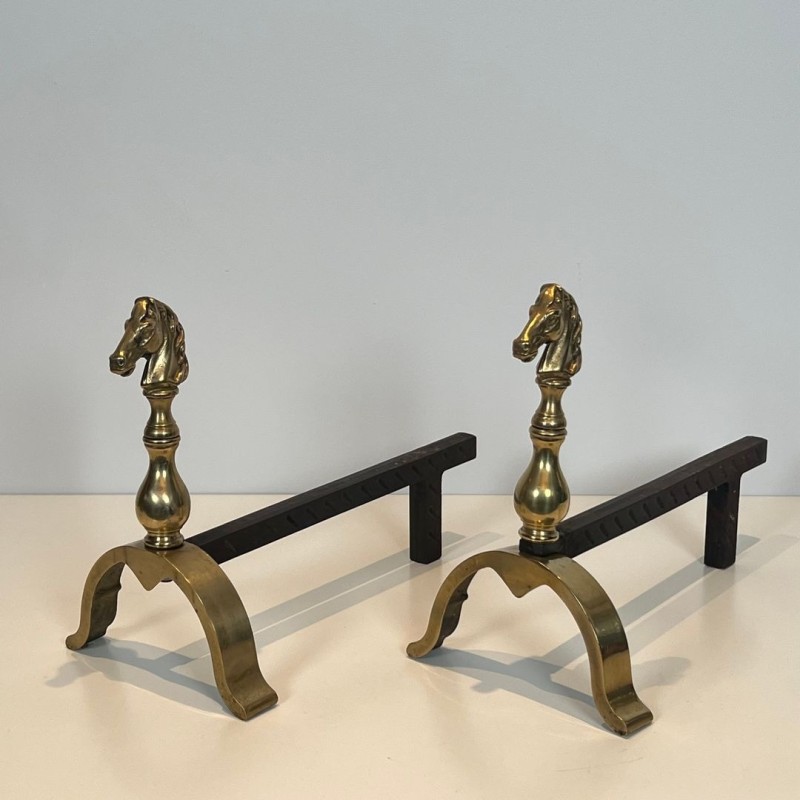 Pair of Brass Horse Head Andirons with Connecting Log Bar, French circa 1970