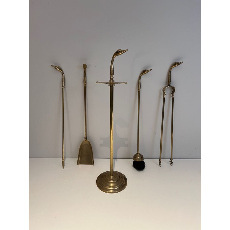 Brass Duck Head Fireplace Companion Set in the Style of Maison Jansen, French circa 1970