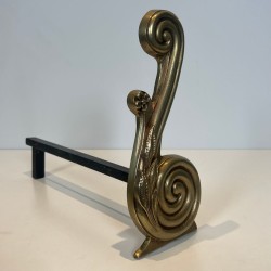 Pair of Louis XVI Style Bronze Andirons with Volute Uprights, Signed Armor Din, French circa 1940