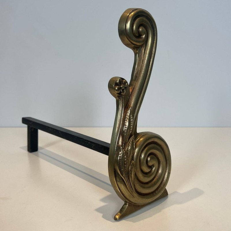 Pair of Louis XVI Style Bronze Andirons with Volute Uprights, Signed Armor Din, French circa 1940