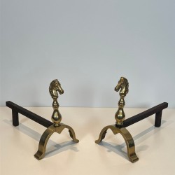 Pair of Brass Horse Head Andirons with Connecting Log Bar, French circa 1970