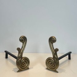 Pair of Louis XVI Style Bronze Andirons with Volute Uprights, Signed Armor Din, French circa 1940