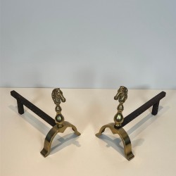 Pair of Brass Horse Head Andirons with Connecting Log Bar, French circa 1970