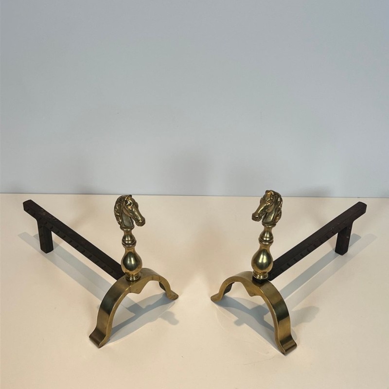 Pair of Brass Horse Head Andirons with Connecting Log Bar, French circa 1970