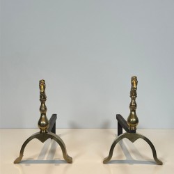 Pair of Brass Horse Head Andirons with Connecting Log Bar, French circa 1970