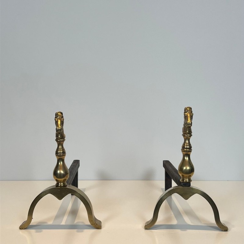 Pair of Brass Horse Head Andirons with Connecting Log Bar, French circa 1970