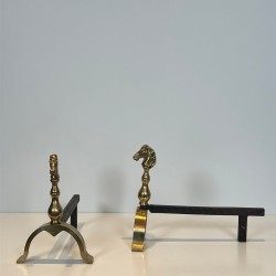 Pair of Brass Horse Head Andirons with Connecting Log Bar, French circa 1970