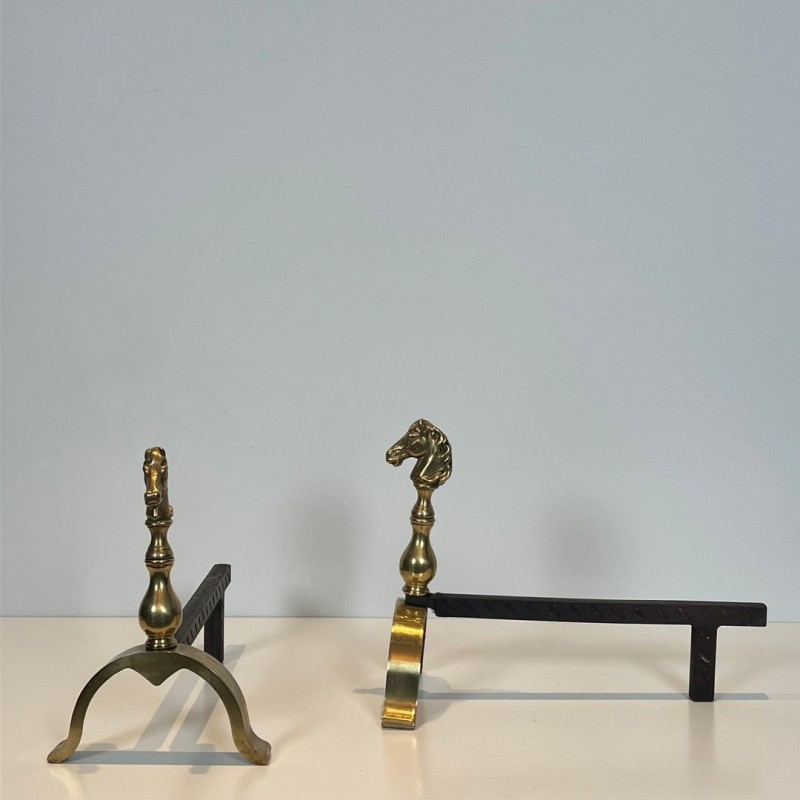 Pair of Brass Horse Head Andirons with Connecting Log Bar, French circa 1970