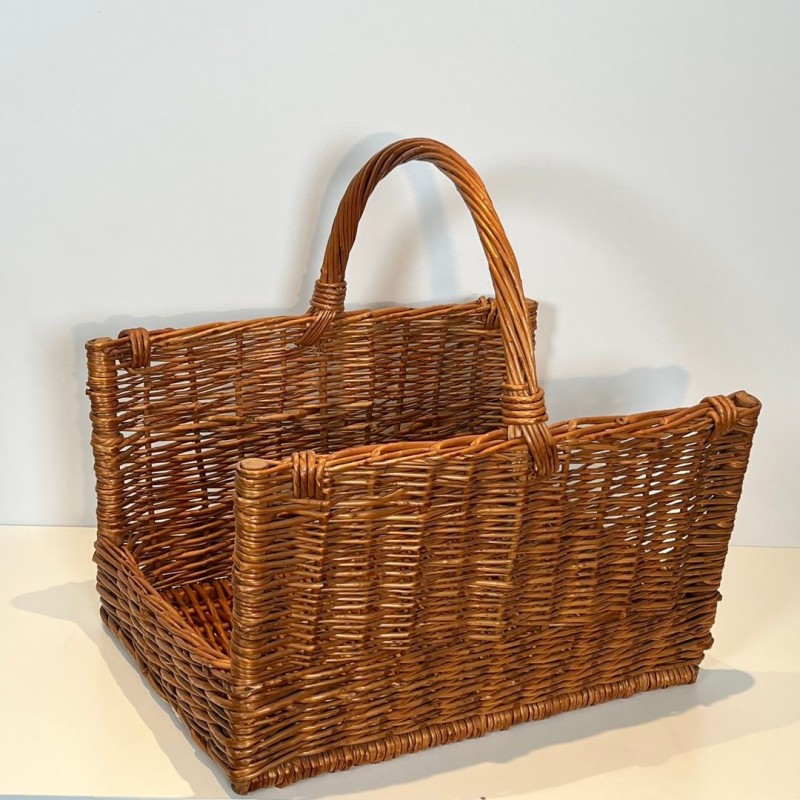 Grand Panier à Bûches en Rotin à Anse Cintrée, vers 1970