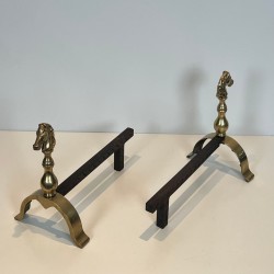 Pair of Brass Horse Head Andirons with Connecting Log Bar, French circa 1970