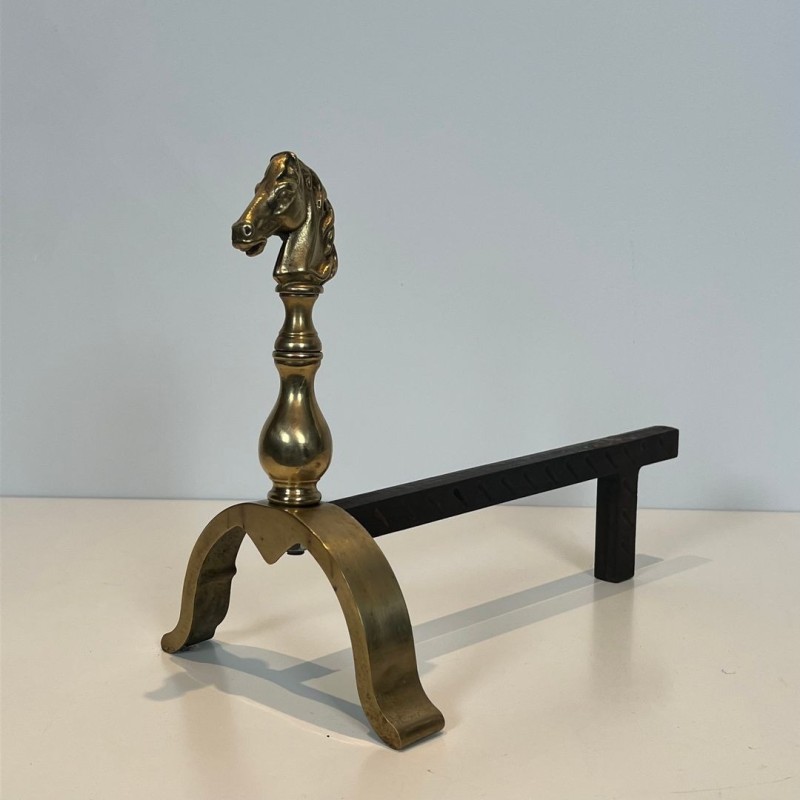 Pair of Brass Horse Head Andirons with Connecting Log Bar, French circa 1970