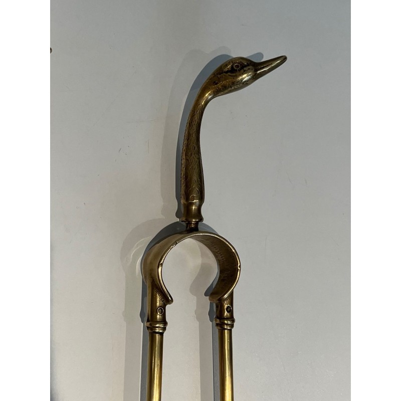 Nécessaire de Cheminée en Laiton à Tête de Canard dans le Goût de Maison Jansen, vers 1970