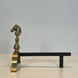 Pair of Brass Horse Head Andirons with Connecting Log Bar, French circa 1970