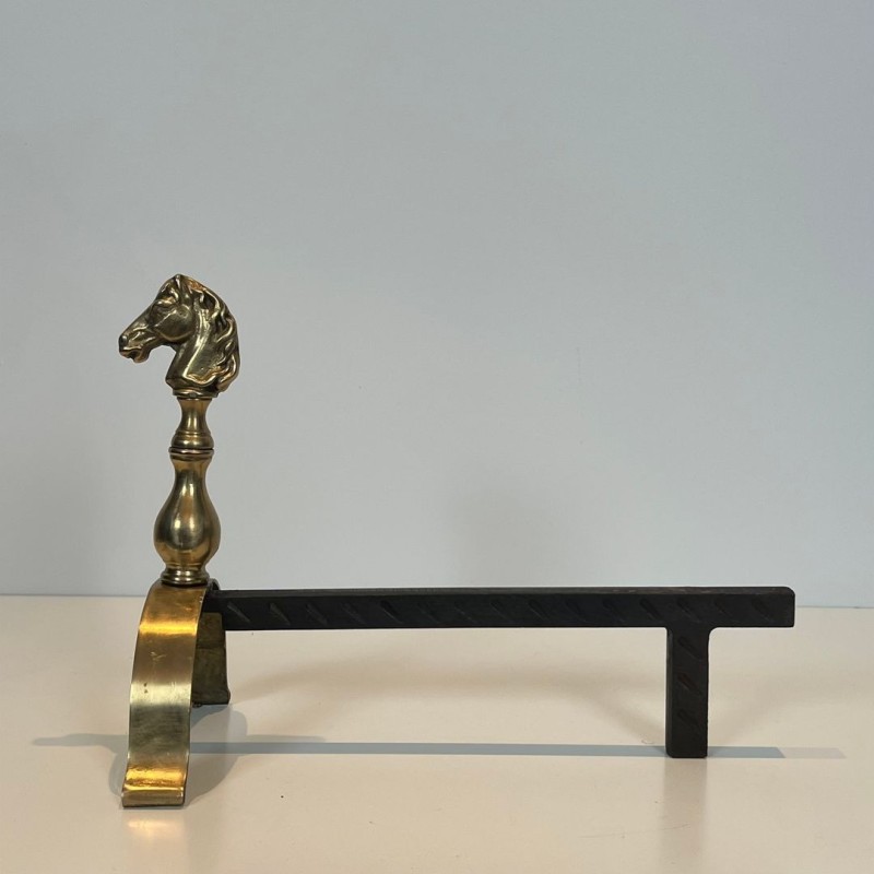 Pair of Brass Horse Head Andirons with Connecting Log Bar, French circa 1970