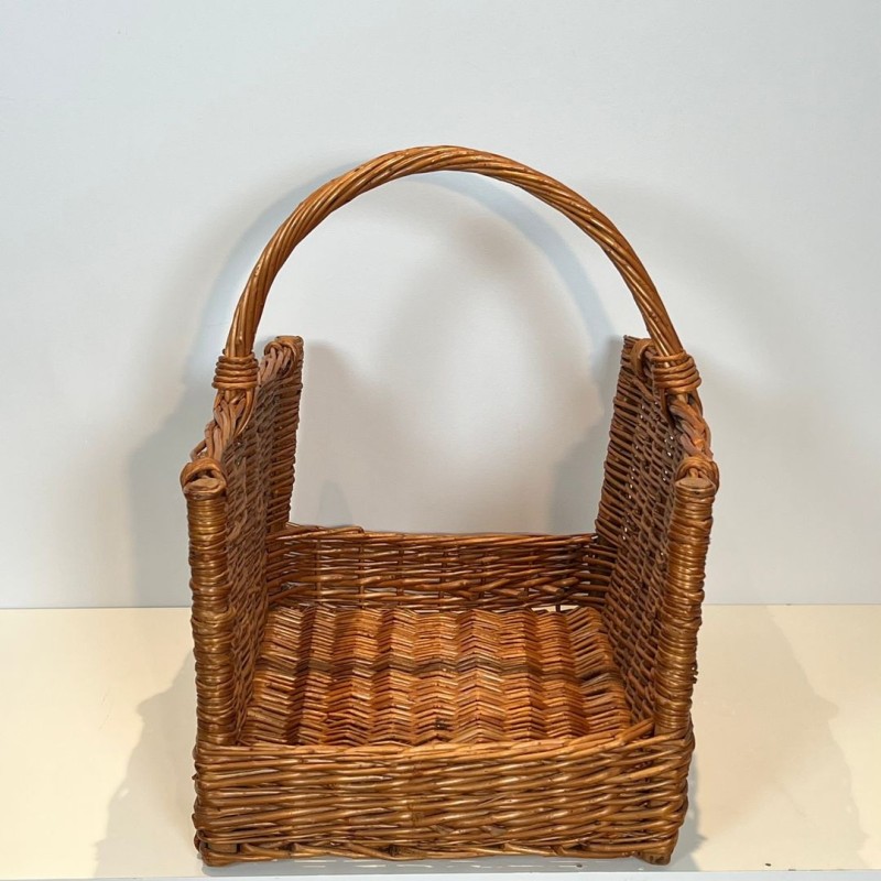 Grand Panier à Bûches en Rotin à Anse Cintrée, vers 1970