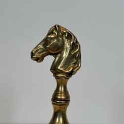 Paire de Chenets en Laiton à Têtes de Chevaux avec Barre de Liaison, vers 1970