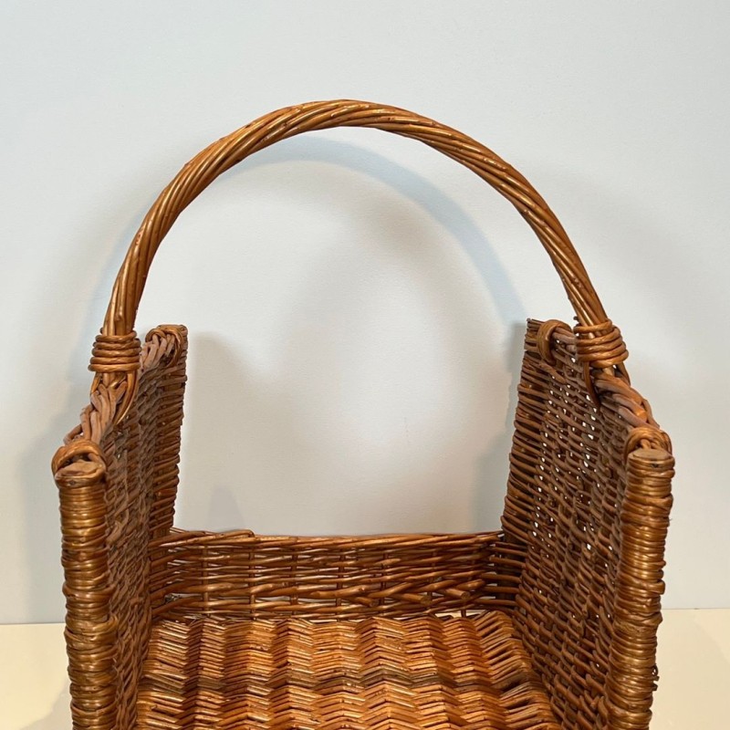 Grand Panier à Bûches en Rotin à Anse Cintrée, vers 1970