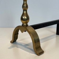 Pair of Brass Horse Head Andirons with Connecting Log Bar, French circa 1970