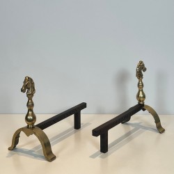 Paire de Chenets en Laiton à Têtes de Chevaux avec Barre de Liaison, vers 1970