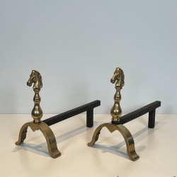 Pair of Brass Horse Head Andirons with Connecting Log Bar, French circa 1970
