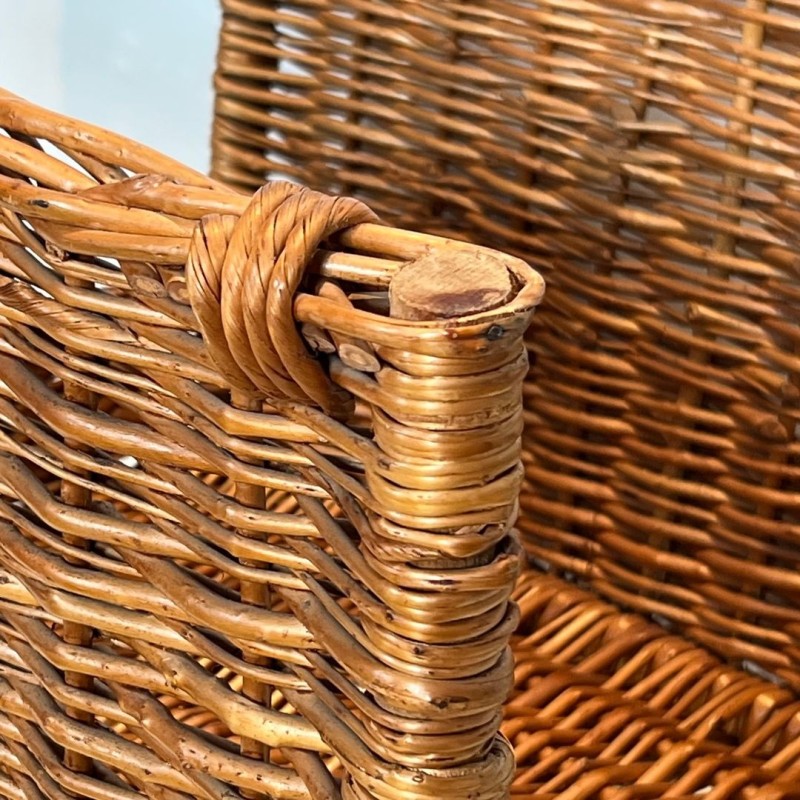 Large Rattan Log Holder with Arched Carry Handle, French circa 1970