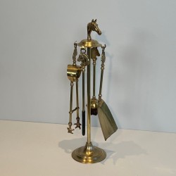 Neoclassical Brass Fireplace Companion Set with Horse Head Crown and Circular Gallery, circa 1950