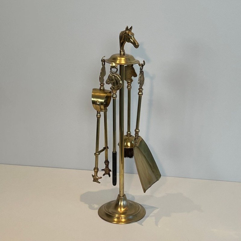 Neoclassical Brass Fireplace Companion Set with Horse Head Crown and Circular Gallery, circa 1950