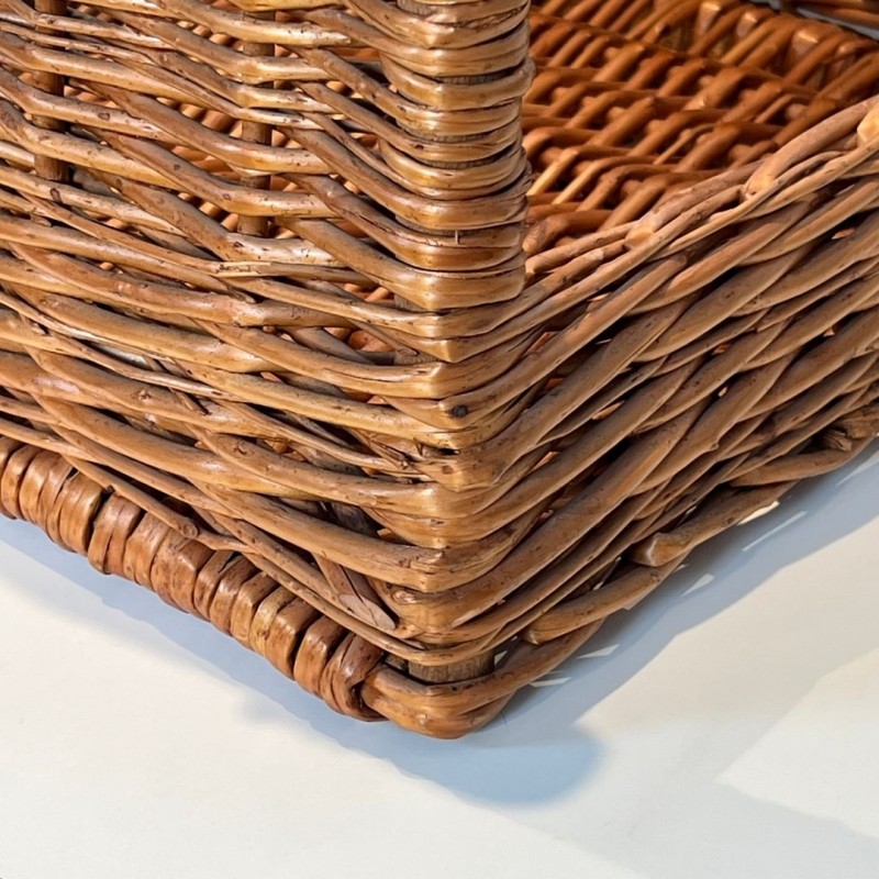 Large Rattan Log Holder with Arched Carry Handle, French circa 1970