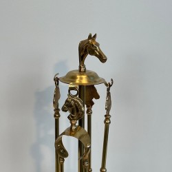 Neoclassical Brass Fireplace Companion Set with Horse Head Crown and Circular Gallery, circa 1950