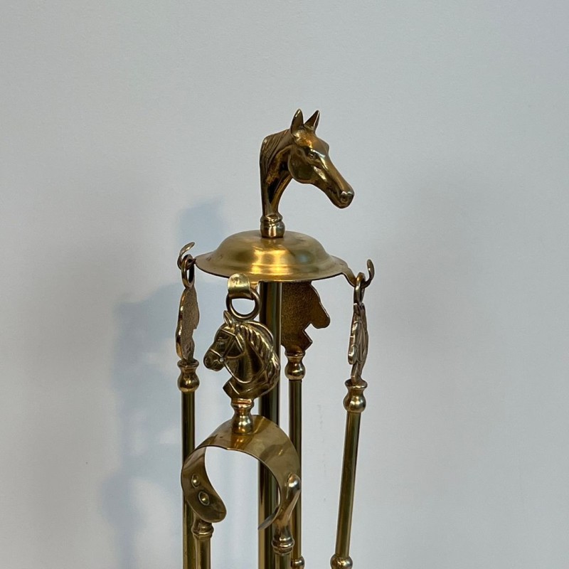 Nécessaire de Feu en Laiton à Tête de Cheval Sommitale et Galerie Circulaire, vers 1950