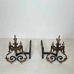Large Pair of 19th Century Wrought Iron and Copper Andirons with Scrollwork and Flame Finials
